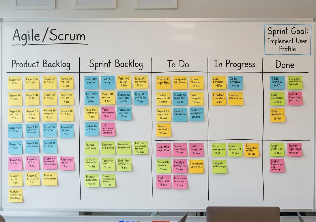 Tableau Scrum couvert de post-its
